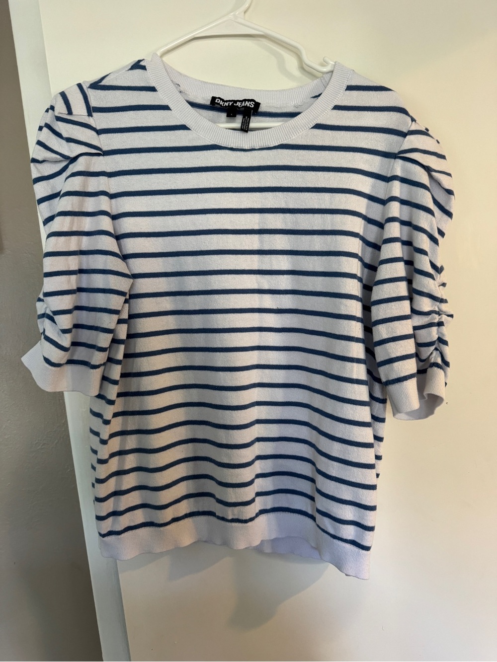 Dkny blue & white Striped Puff Sleeve Top L